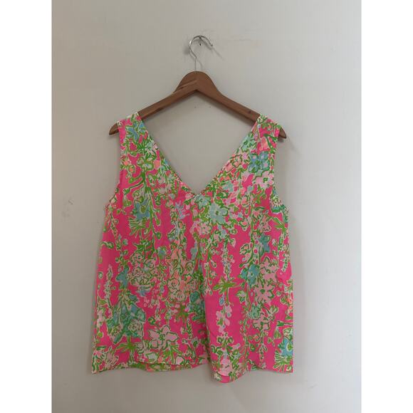 Lilly Pulitzer Silk Sleeveless Blouse Pink Green Floral Preppy Size Medium - Picture 2 of 4